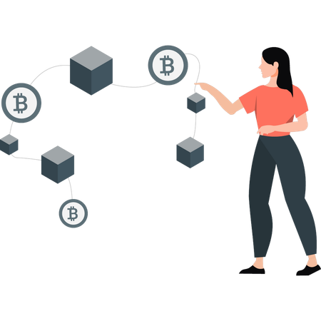 Niña señalando una caja de bitcoin  Ilustración