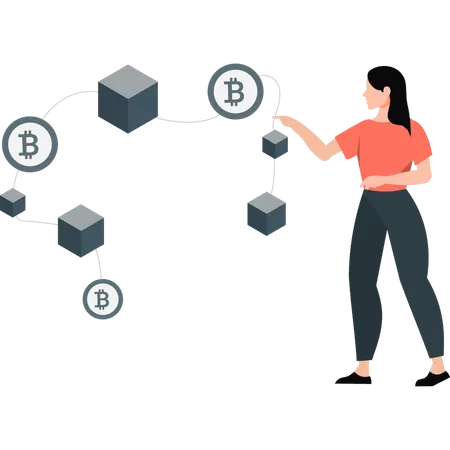 Niña señalando una caja de bitcoin  Ilustración