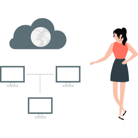 Chica señalando un servidor de datos en la nube  Ilustración