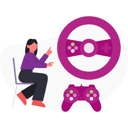 Chica señalando un controlador de juego con forma de volante de coche  Ilustración