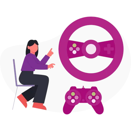 Chica señalando un controlador de juego con forma de volante de coche  Ilustración