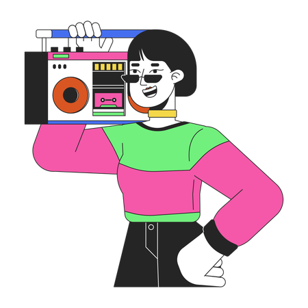 Cool chica asiática llevando boombox en el hombro  Ilustración