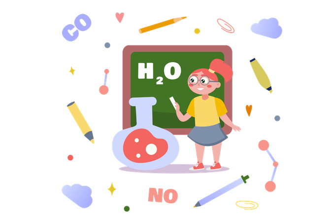 Chica asistiendo a clase de química  Ilustración