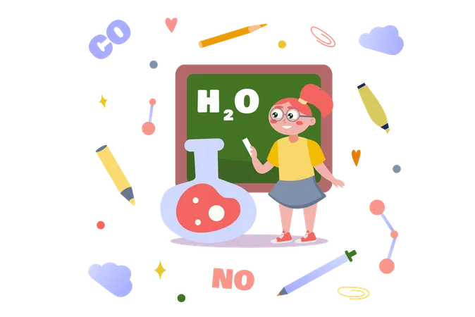 Chica asistiendo a clase de química  Ilustración