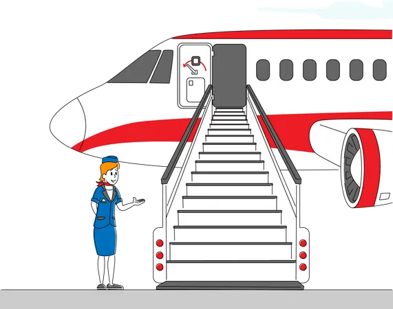 Chica azafata invitando a los pasajeros a abordar el avión  Ilustración