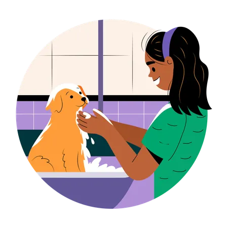 Chica bañando a su perro  Ilustración