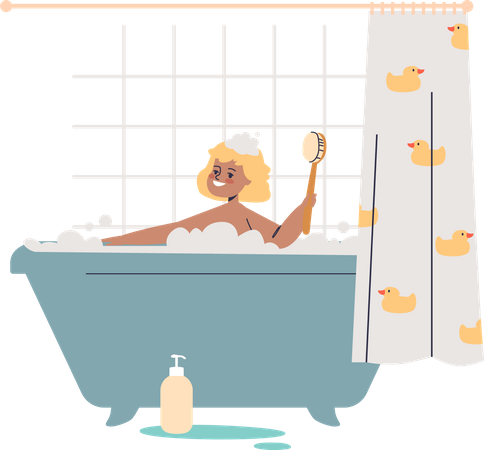 Chica bañándose en la bañera  Ilustración