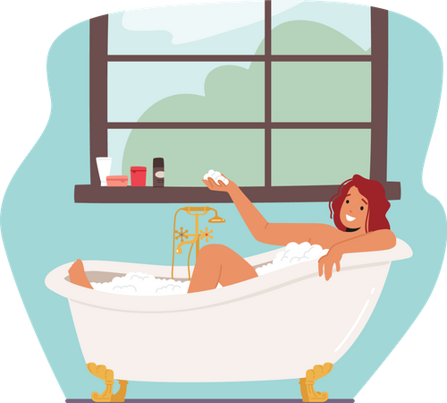 Chica bañándose en la bañera  Ilustración