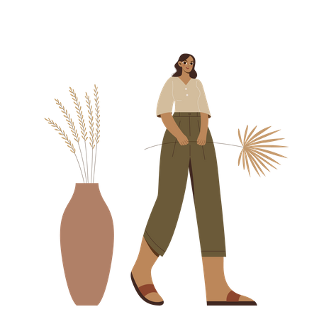 Boho Girl caminando y sosteniendo una planta  Ilustración