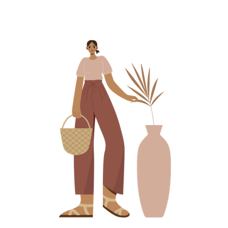 Boho Girl sosteniendo un bolso y tocando la planta grande.  Ilustración