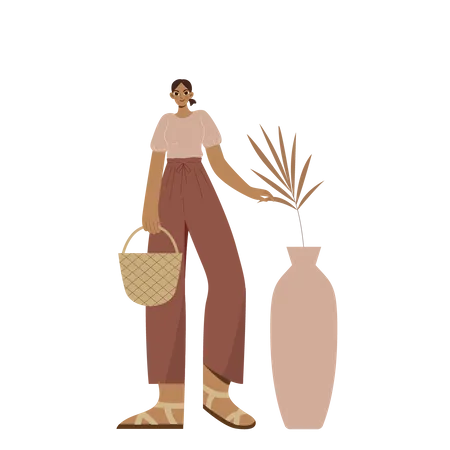 Boho Girl sosteniendo un bolso y tocando la planta grande.  Ilustración