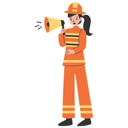 Chica bombero anunciando en megáfono  Ilustración