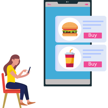 Chica buscando comida en teléfono inteligente  Ilustración