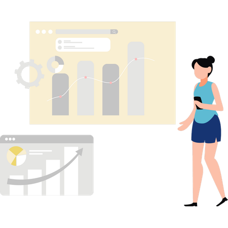 Chica buscando en el móvil la configuración del gráfico  Ilustración