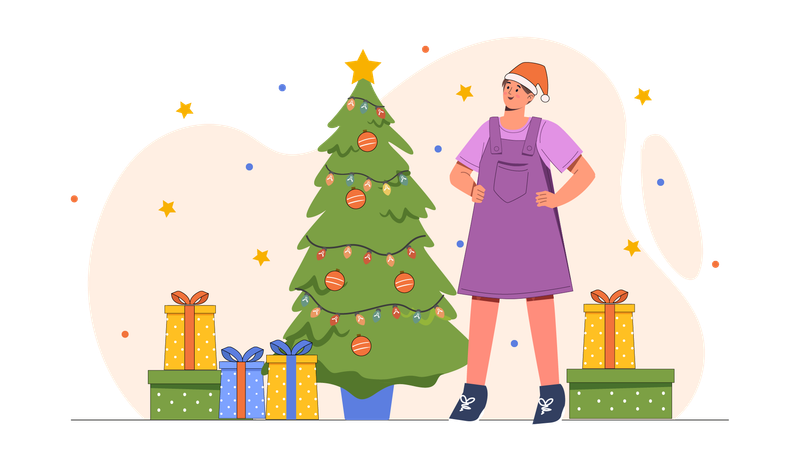 Chica buscando regalo de navidad  Ilustración