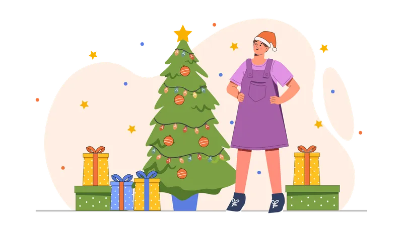 Chica buscando regalo de navidad  Ilustración