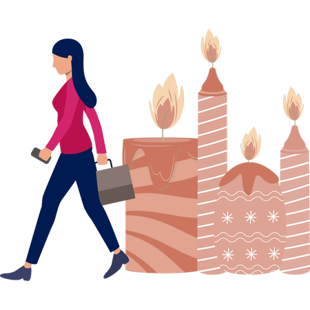 Chica caminando cerca de velas  Ilustración