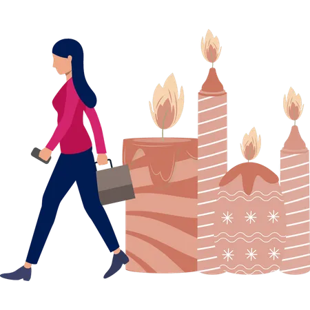 Chica caminando cerca de velas  Ilustración