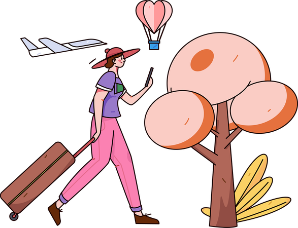 Chica caminando con bolsa de viaje  Ilustración