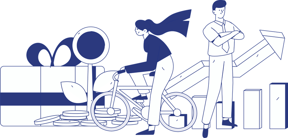 Chica caminando mientras busca crecimiento financiero en el móvil  Ilustración