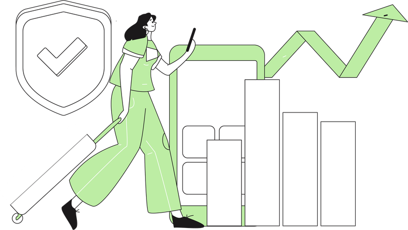 Chica caminando mientras busca crecimiento financiero en el móvil  Ilustración
