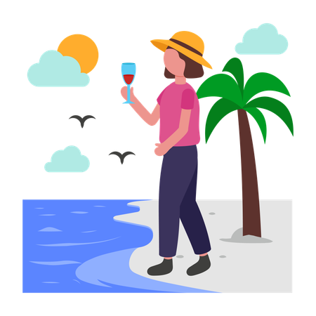 Chica haciendo un paseo por la playa  Ilustración