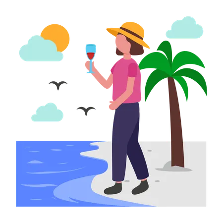 Chica haciendo un paseo por la playa  Ilustración
