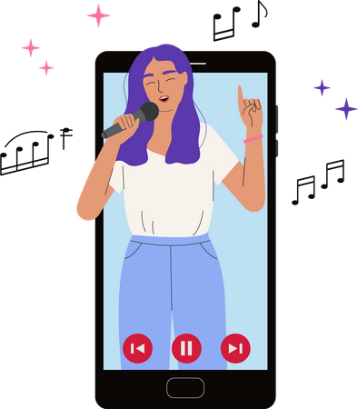 Chica cantando en teléfono inteligente  Ilustración