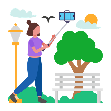 Chica captura momentos con un palo de selfie  Ilustración
