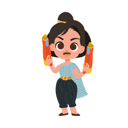 Niña celebrando el Songkran con una pistola de agua  Ilustración