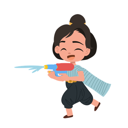 Niña celebrando el Songkran con una pistola de agua  Ilustración