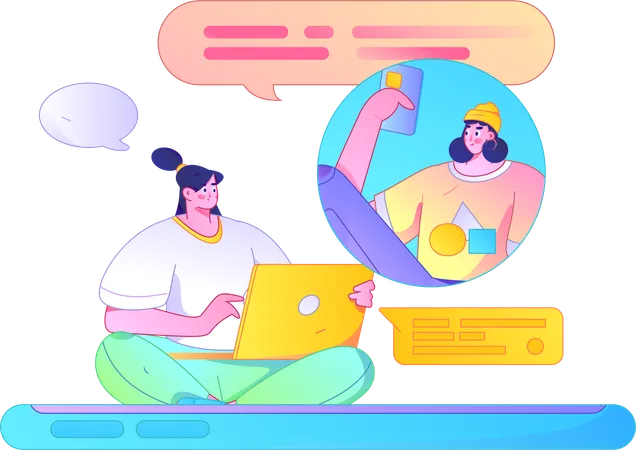 Chica chateando en línea en una computadora portátil  Ilustración