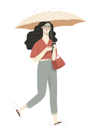 Chica charlando por teléfono mientras sostiene el paraguas  Ilustración