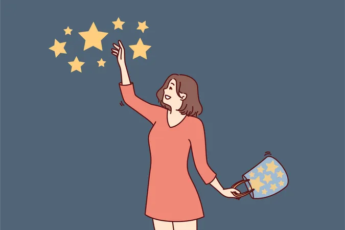 Chica recogiendo estrellas  Ilustración