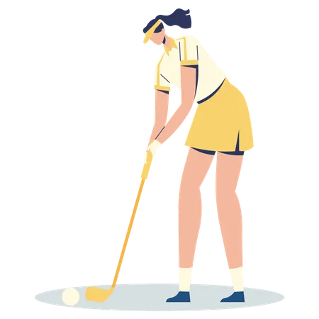 Chica poniendo la pelota de golf para el tiro  Ilustración