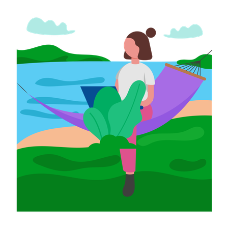 Chica combinando trabajo y vacaciones  Ilustración