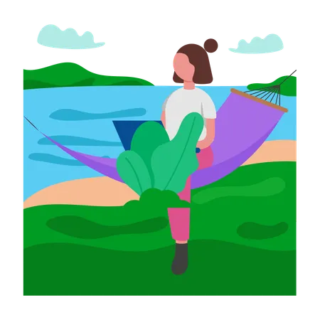 Chica combinando trabajo y vacaciones  Ilustración
