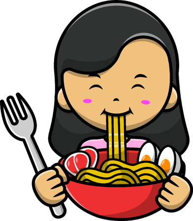 Chica comiendo ramen con tenedor  Ilustración