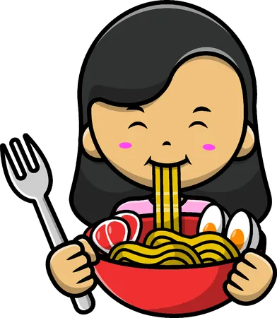 Chica comiendo ramen con tenedor  Ilustración