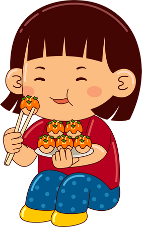 Niña comiendo takoyaki  Ilustración