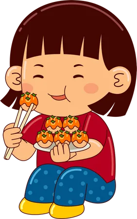 Niña comiendo takoyaki  Ilustración