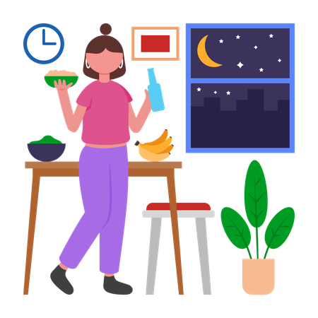 Chica comiendo tarde en la noche  Ilustración
