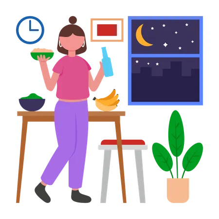 Chica comiendo tarde en la noche  Ilustración