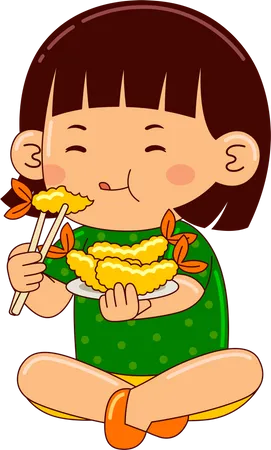 Niña comiendo tempura  Ilustración