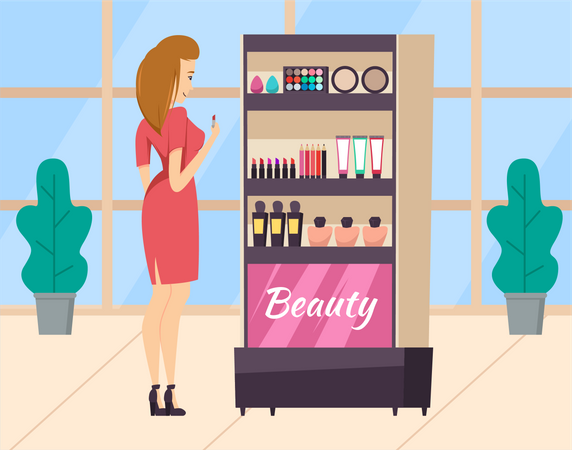 Chica comprando cosméticos  Ilustración