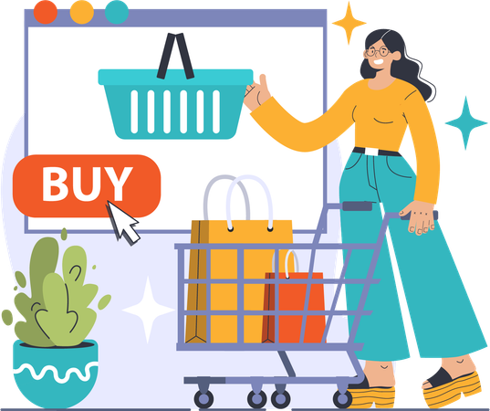 Chica comprando en línea desde el sitio web de compras  Illustration