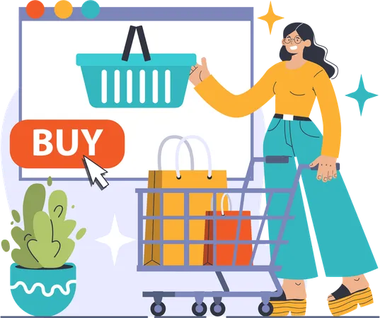 Chica comprando en línea desde el sitio web de compras  Illustration