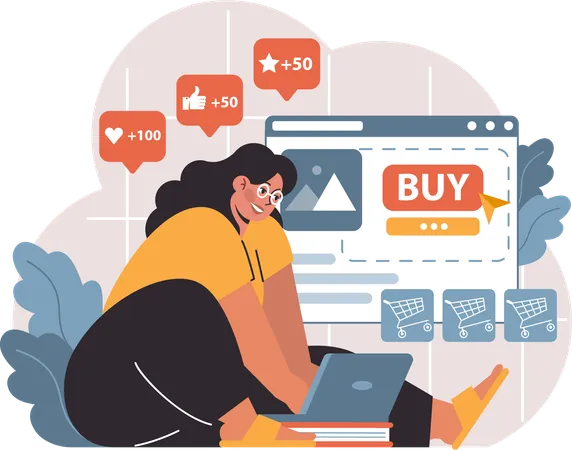 Chica comprando en línea desde un sitio web de compras  Ilustración