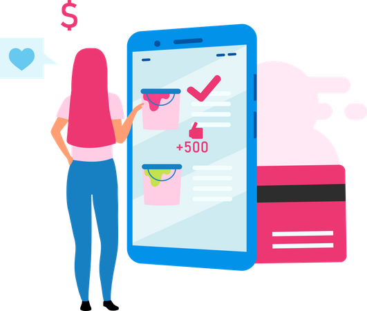 Chica comprando pintura online  Ilustración