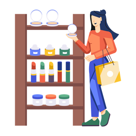 Chica comprando productos cosméticos  Ilustración